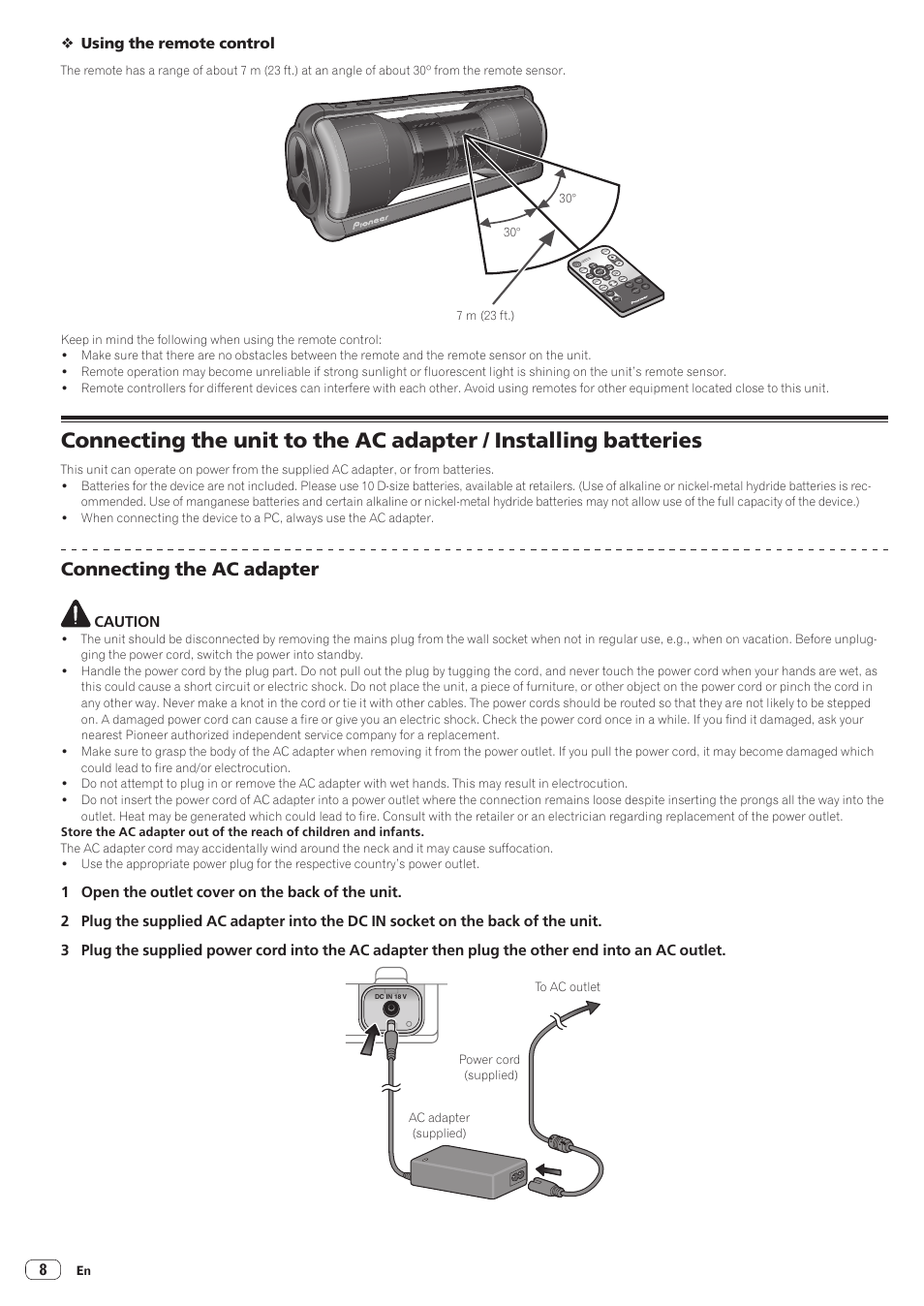 Connecting the ac adapter, Using the remote control, Caution | Pioneer STZ-D10Z-R User Manual | Page 8 / 31