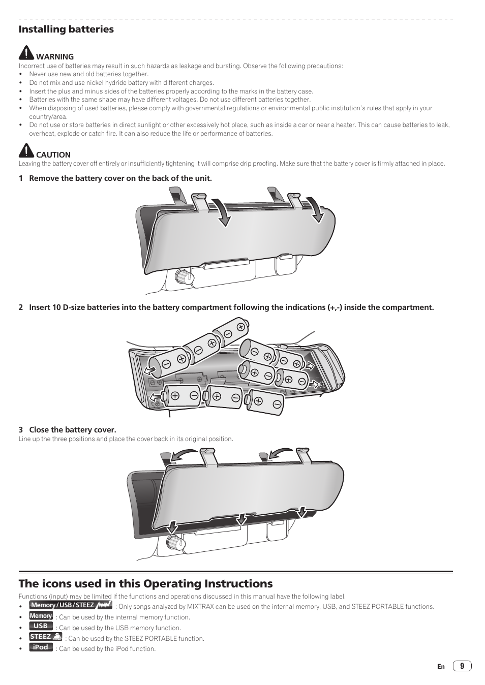 Installing batteries, The icons used in this operating instructions | Pioneer STZ-D10Z-R User Manual | Page 9 / 31