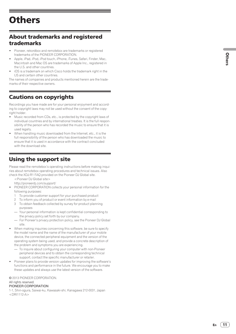 Others, About trademarks and registered trademarks, Cautions on copyrights | Using the support site | Pioneer XDJ-R1 User Manual | Page 11 / 11
