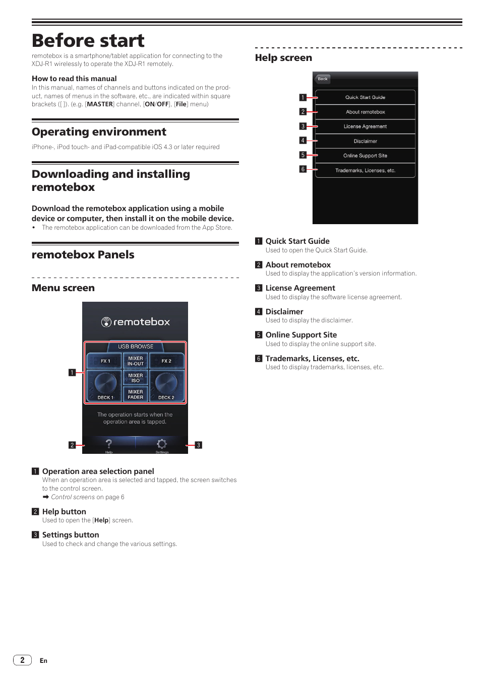 Before start, Operating environment, Downloading and installing remotebox | Remotebox panels, Menu screen, Help screen | Pioneer XDJ-R1 User Manual | Page 2 / 11