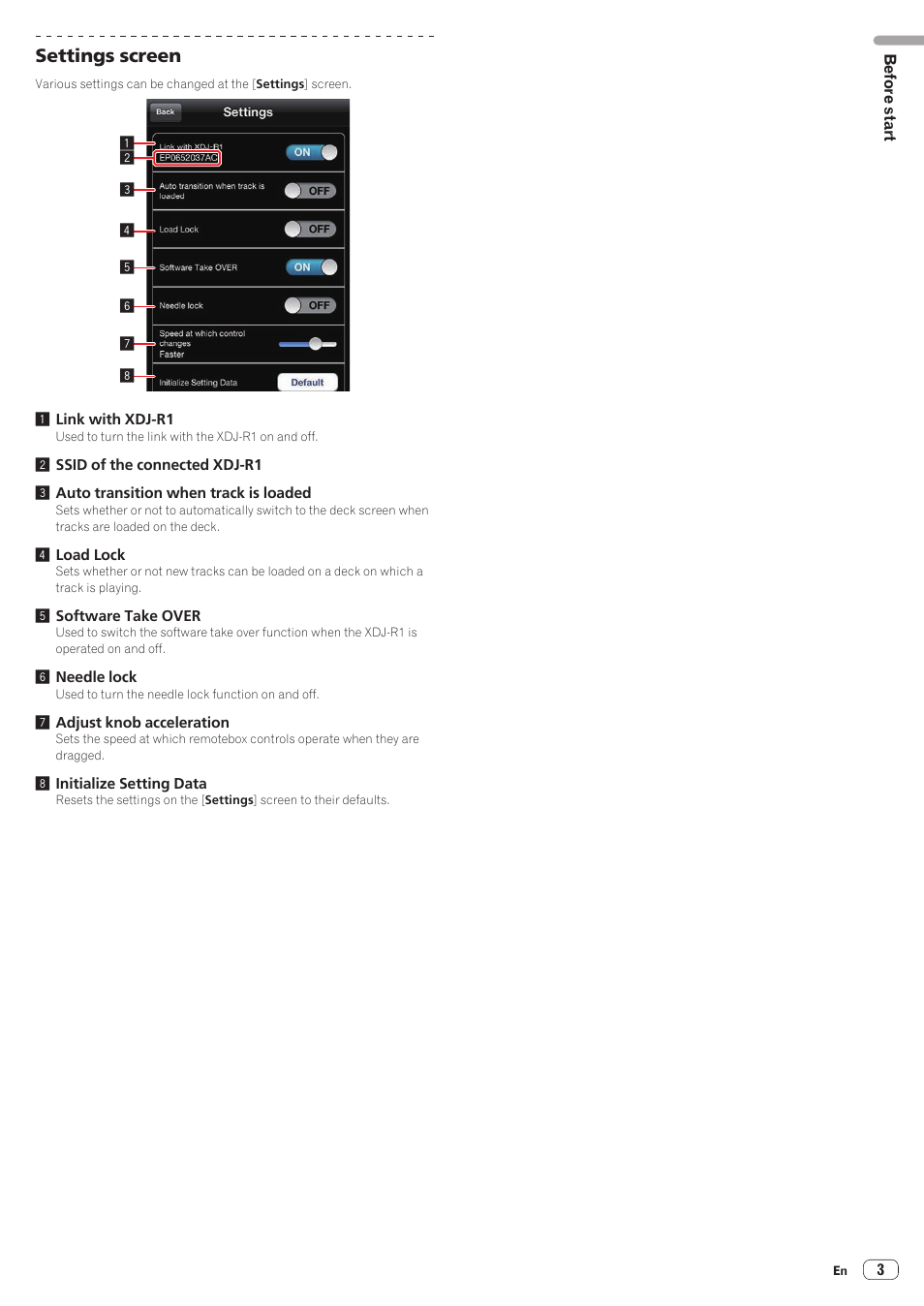Settings screen | Pioneer XDJ-R1 User Manual | Page 3 / 11