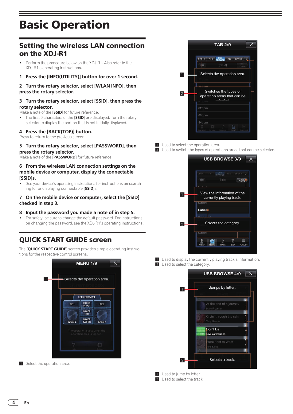 Basic operation, Setting the wireless lan connection on the xdj-r1, Quick start guide screen | Pioneer XDJ-R1 User Manual | Page 4 / 11