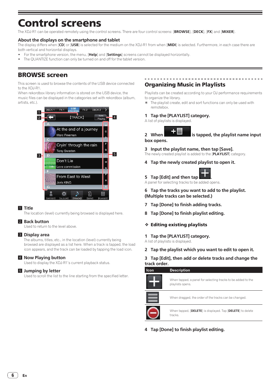 Control screens, Browse screen, Organizing music in playlists | Pioneer XDJ-R1 User Manual | Page 6 / 11