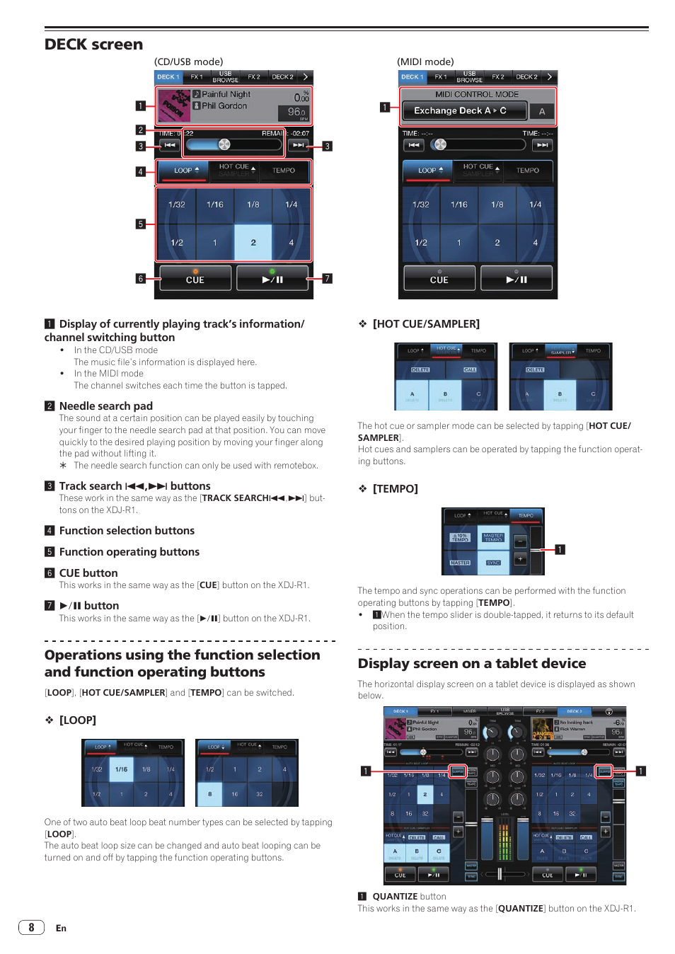 Deck screen, Display screen on a tablet device | Pioneer XDJ-R1 User Manual | Page 8 / 11