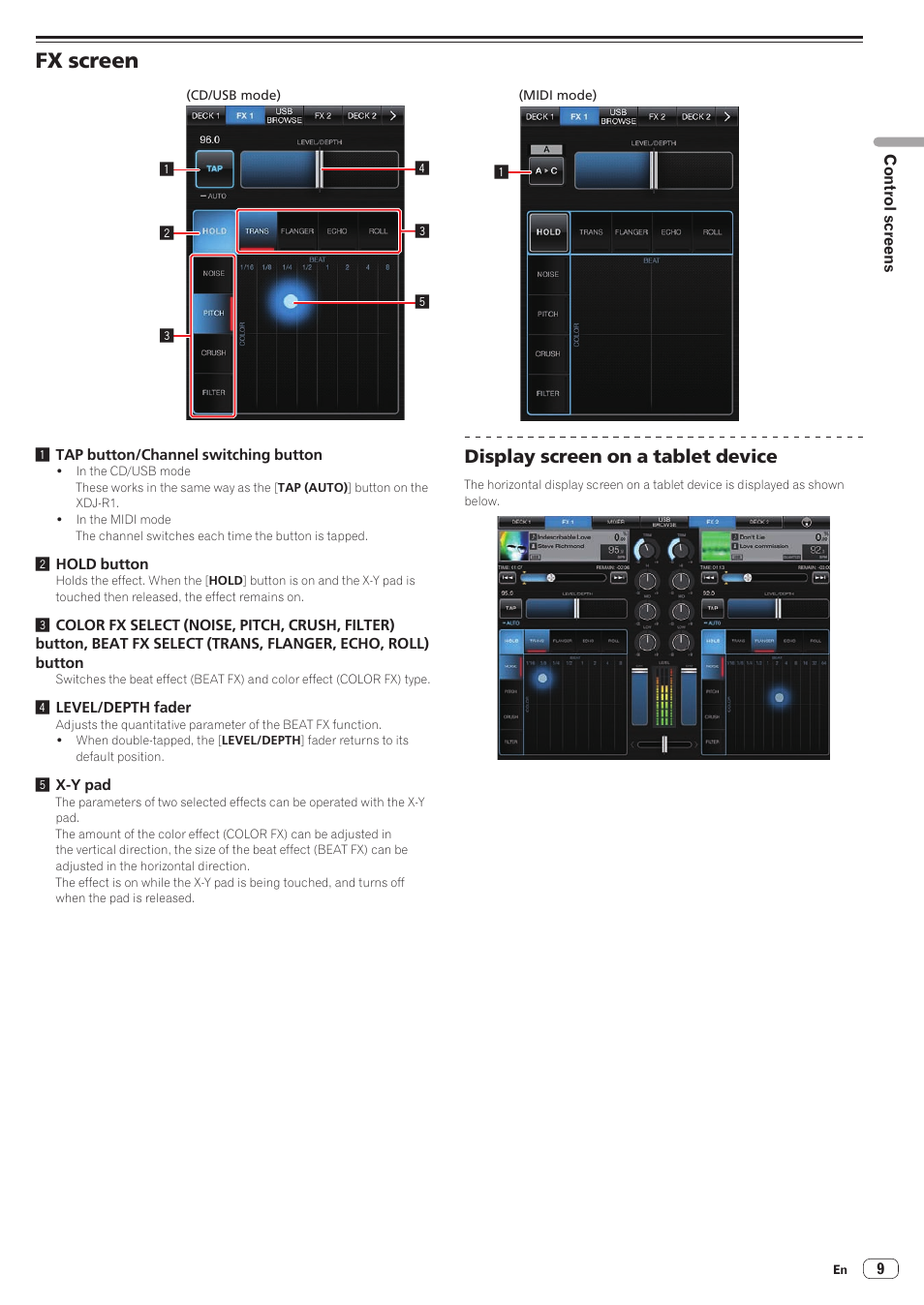 Fx screen, Display screen on a tablet device | Pioneer XDJ-R1 User Manual | Page 9 / 11