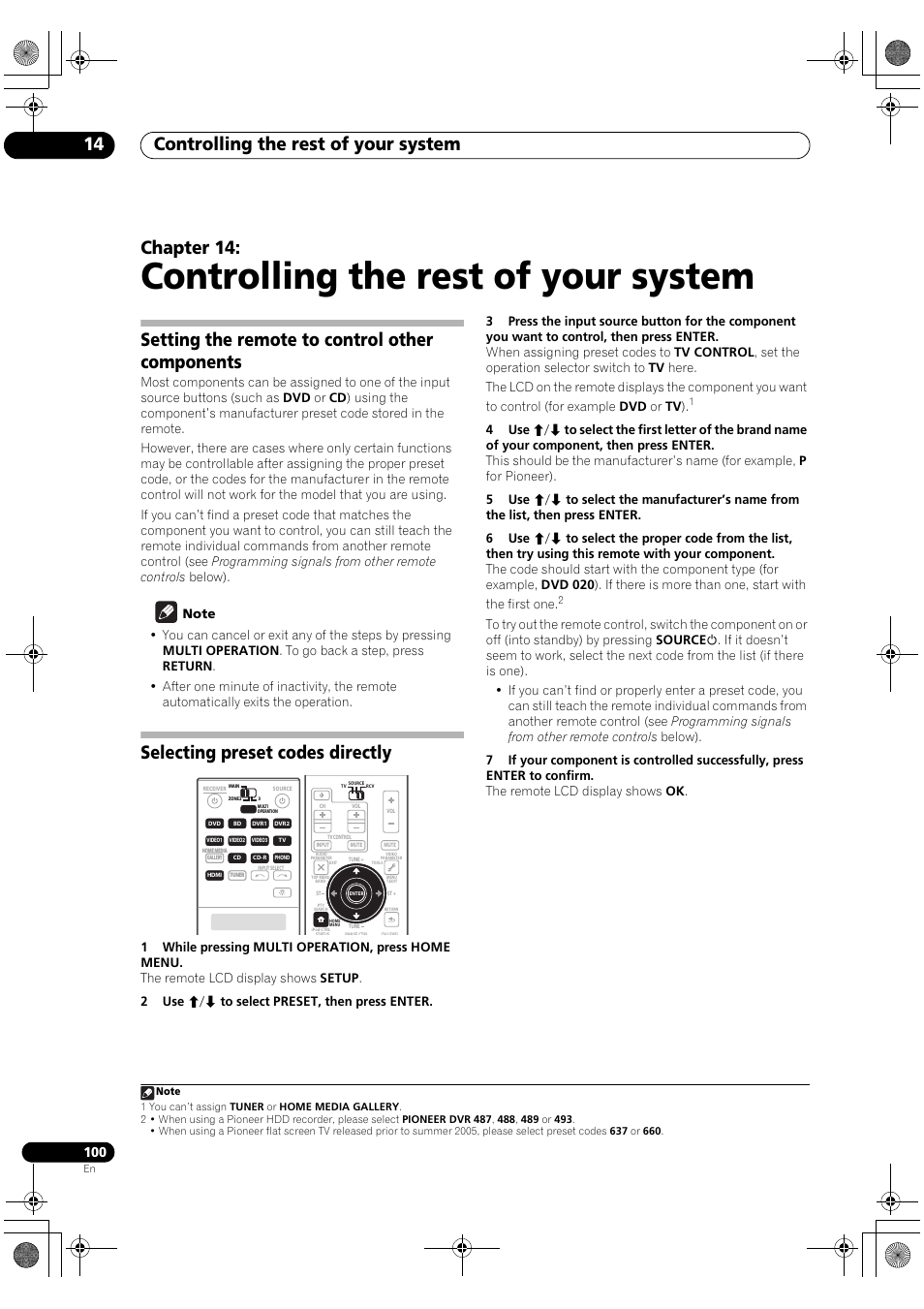 Controlling the rest of your system, Controlling the rest of your system 14, Chapter 14 | Setting the remote to control other components, Selecting preset codes directly | Pioneer SC-LX81 User Manual | Page 100 / 134