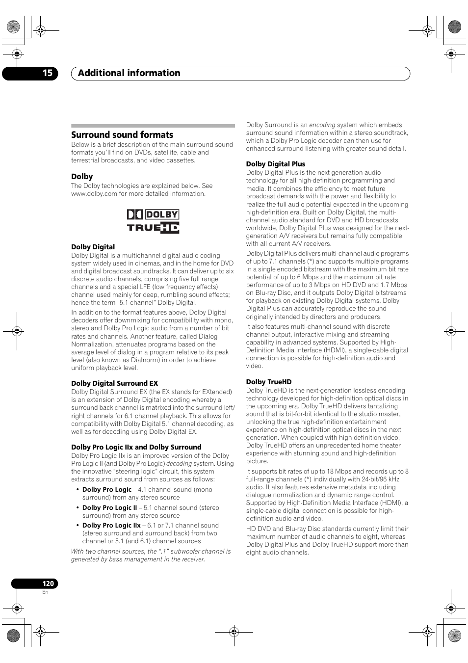Surround sound formats, Dolby, Additional information 15 | Pioneer SC-LX81 User Manual | Page 120 / 134