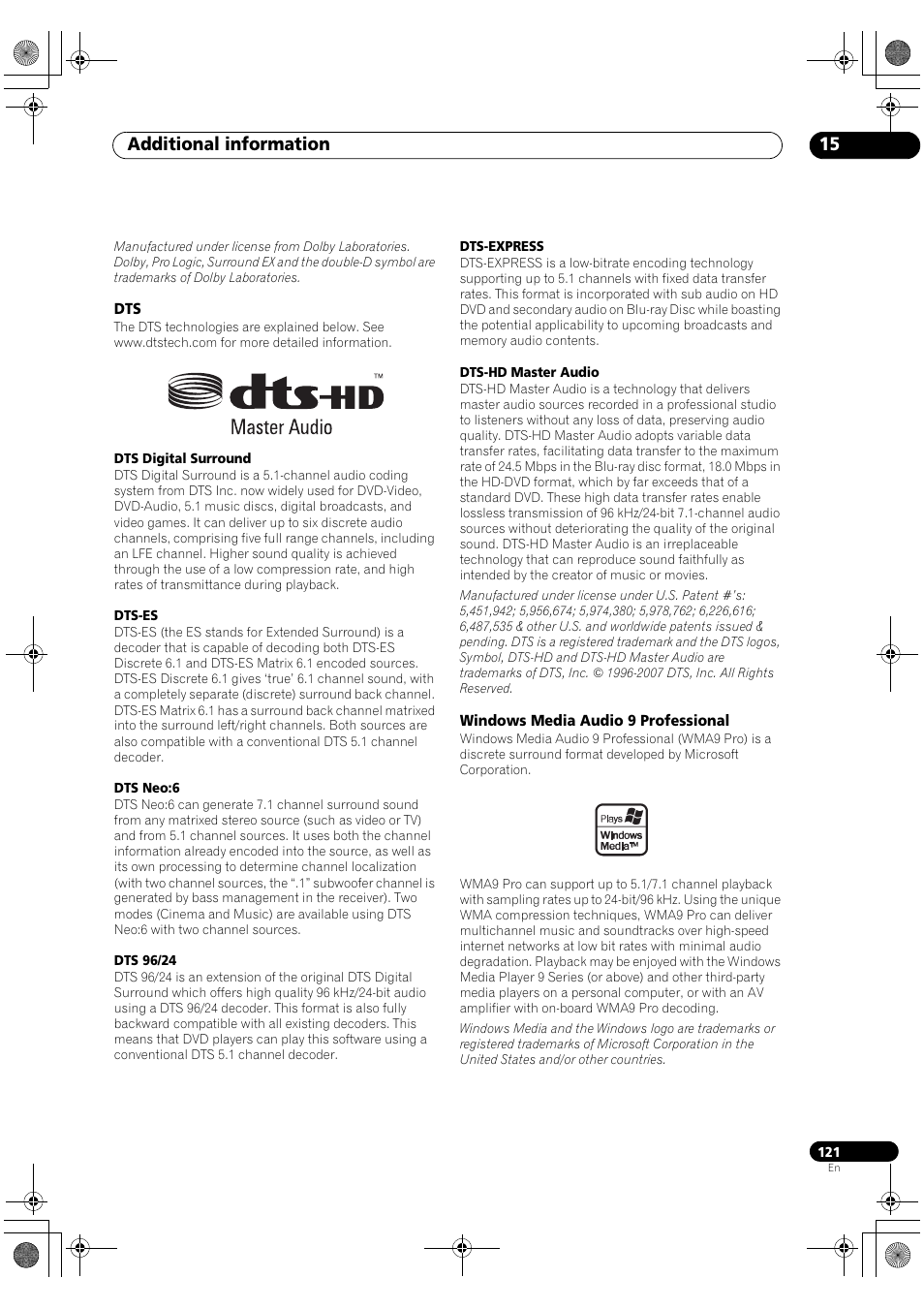 Dts windows media audio 9 professional, Additional information 15 | Pioneer SC-LX81 User Manual | Page 121 / 134