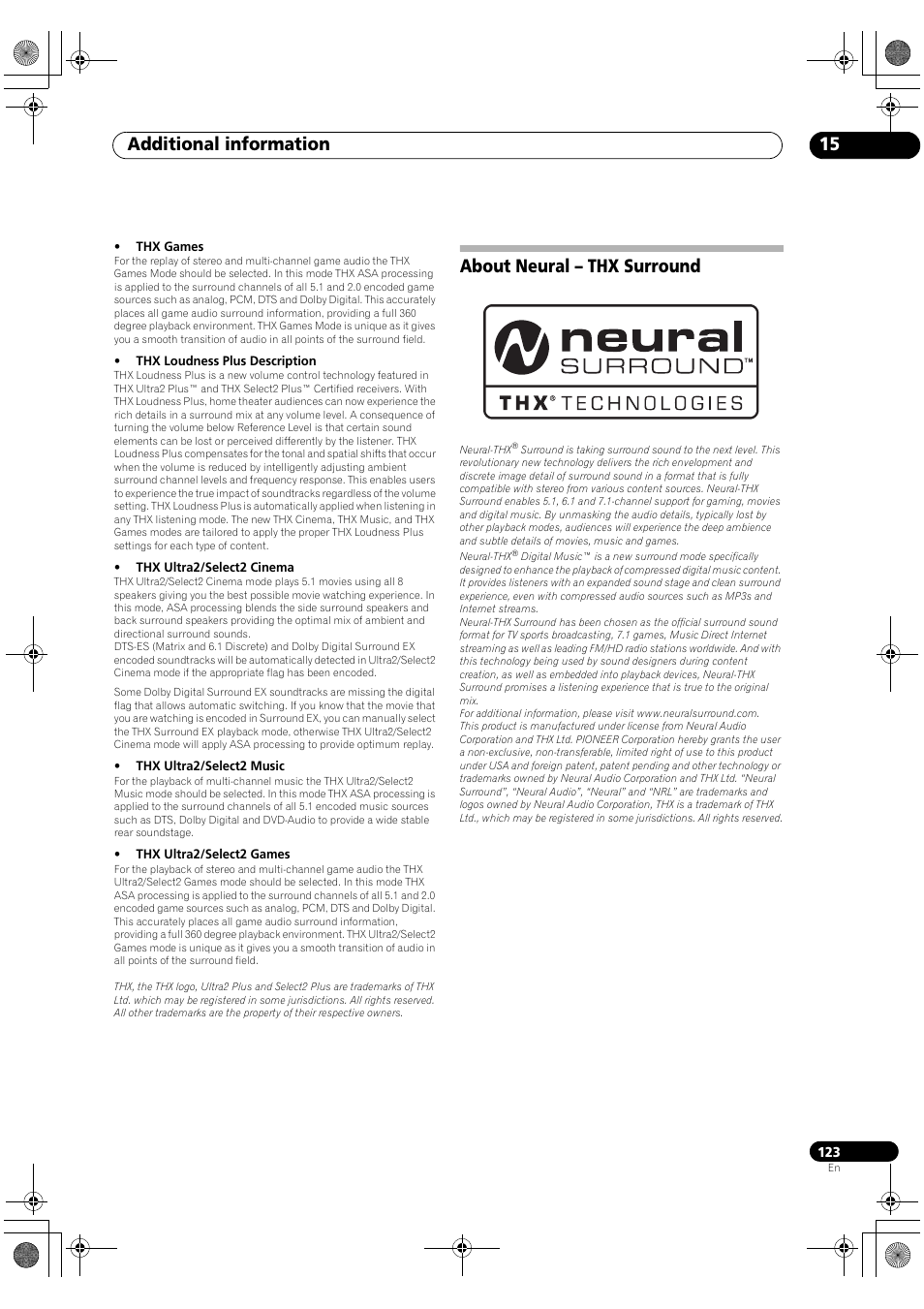 About neural – thx surround, Additional information 15 | Pioneer SC-LX81 User Manual | Page 123 / 134