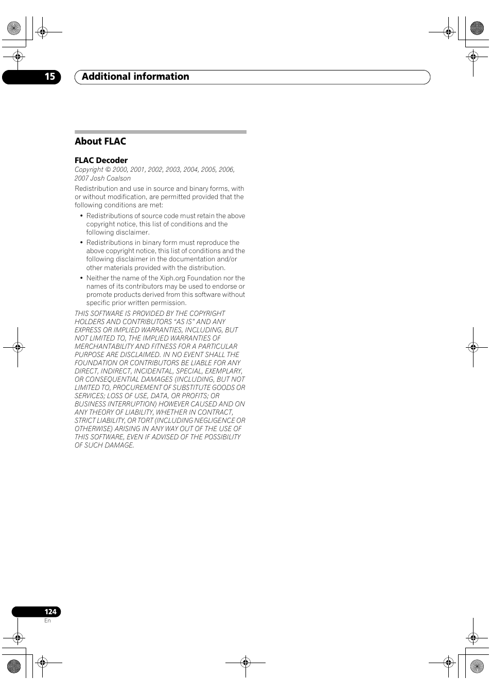 About flac, Flac decoder, Additional information 15 | Pioneer SC-LX81 User Manual | Page 124 / 134