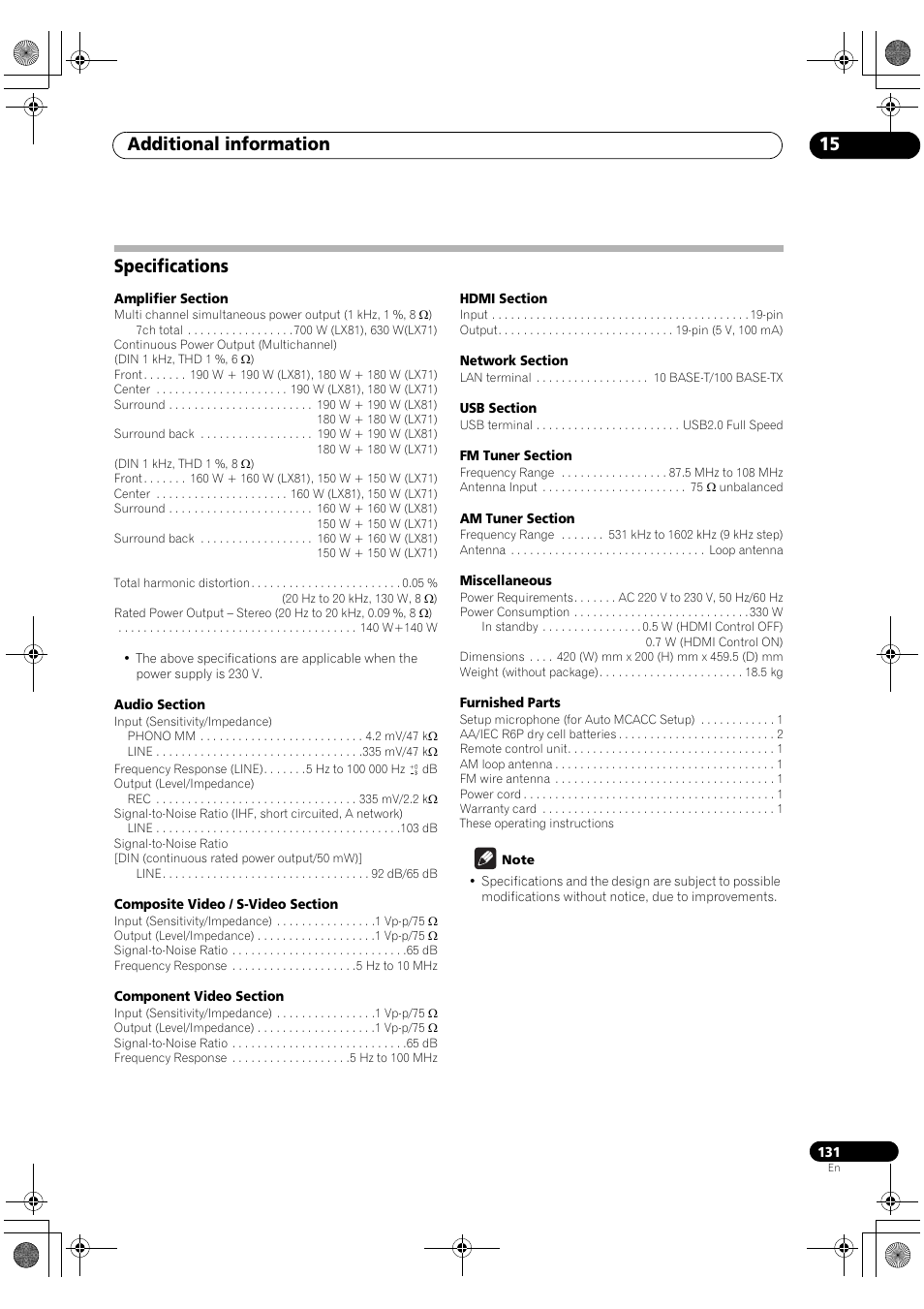 Specifications, Additional information 15 | Pioneer SC-LX81 User Manual | Page 131 / 134