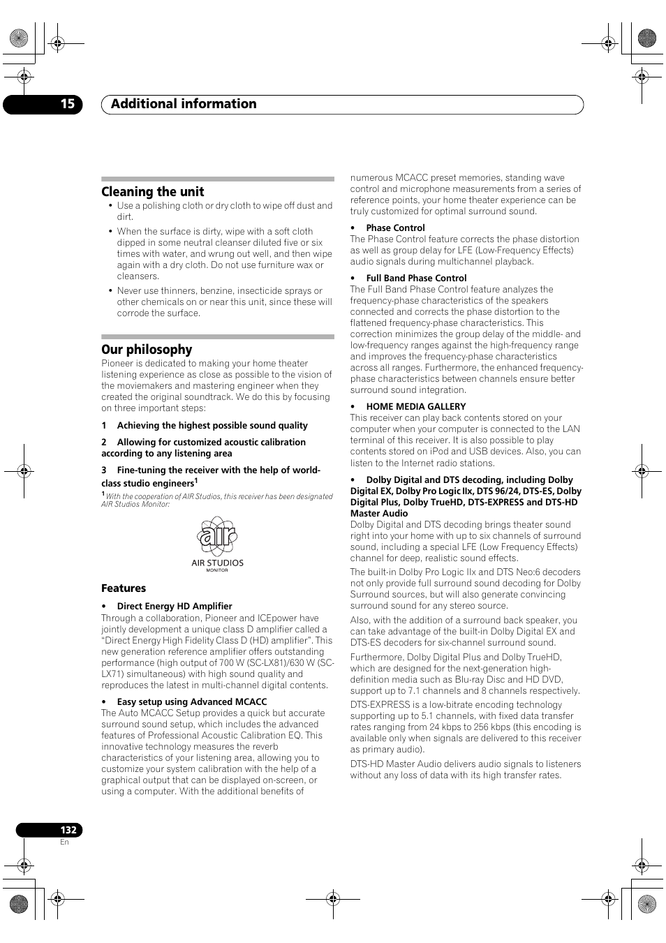 Cleaning the unit our philosophy, Features, Additional information 15 | Cleaning the unit, Our philosophy | Pioneer SC-LX81 User Manual | Page 132 / 134