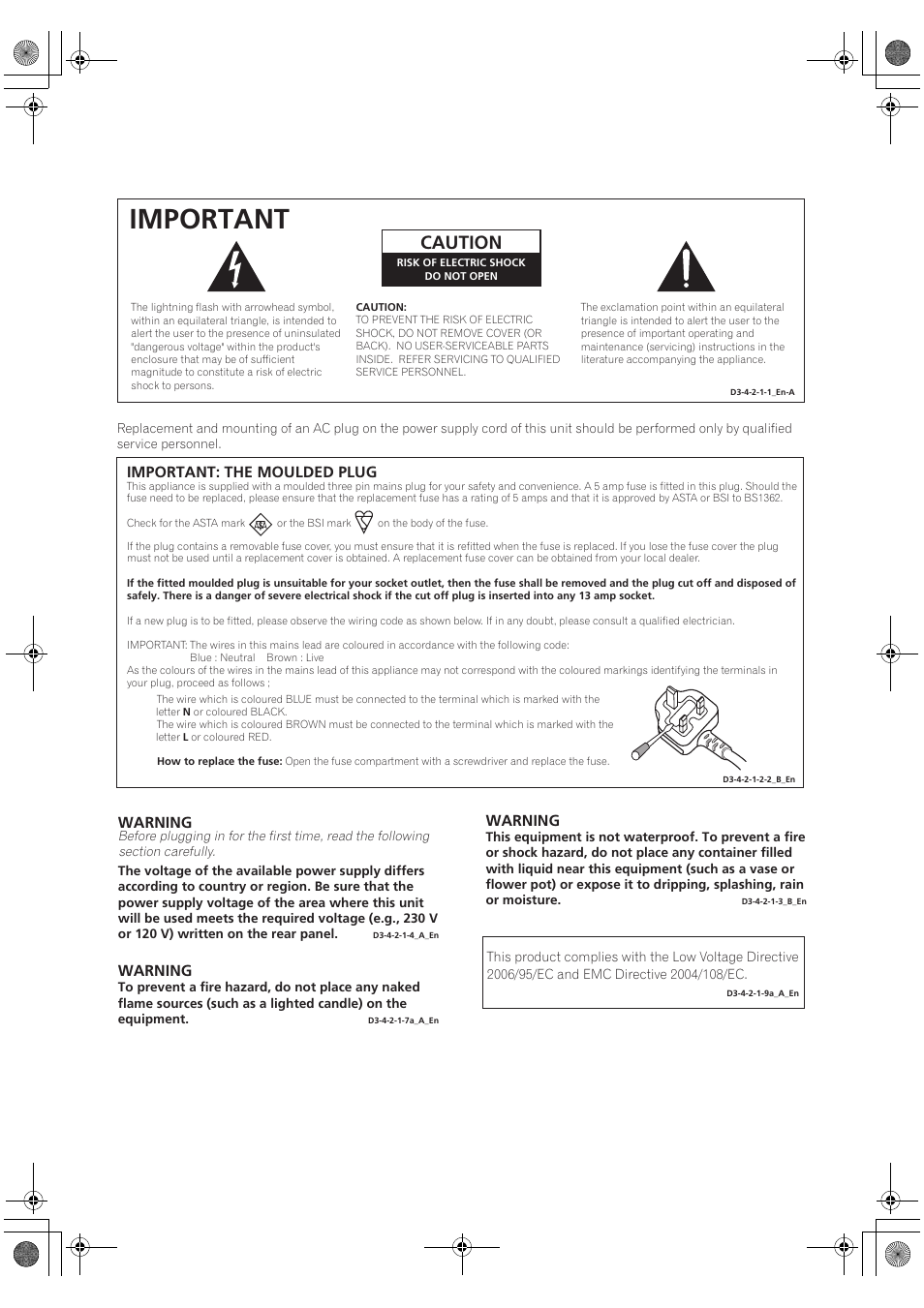 Important, Caution, Warning | Important: the moulded plug | Pioneer SC-LX81 User Manual | Page 2 / 134