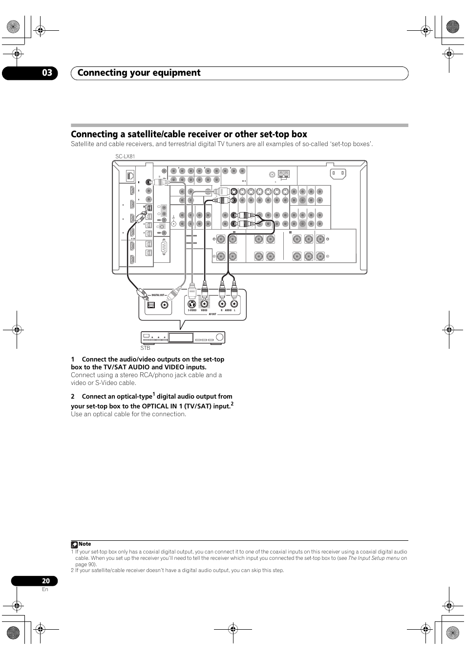 Connecting your equipment 03, Use an optical cable for the connection | Pioneer SC-LX81 User Manual | Page 20 / 134