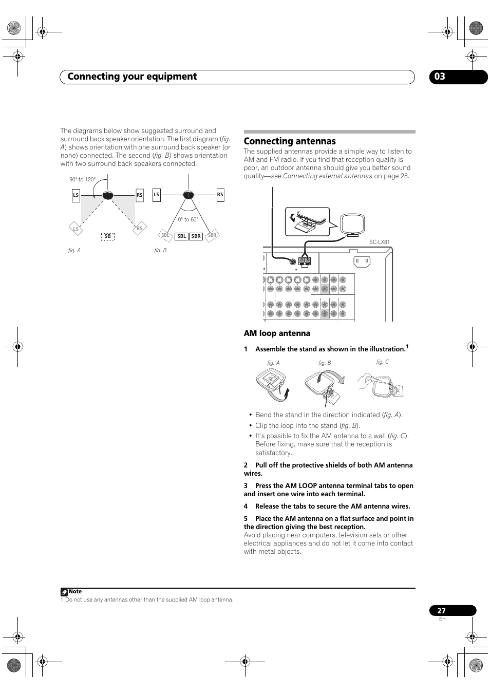 Connecting antennas, Am loop antenna, Connecting your equipment 03 | 1assemble the stand as shown in the illustration | Pioneer SC-LX81 User Manual | Page 27 / 134