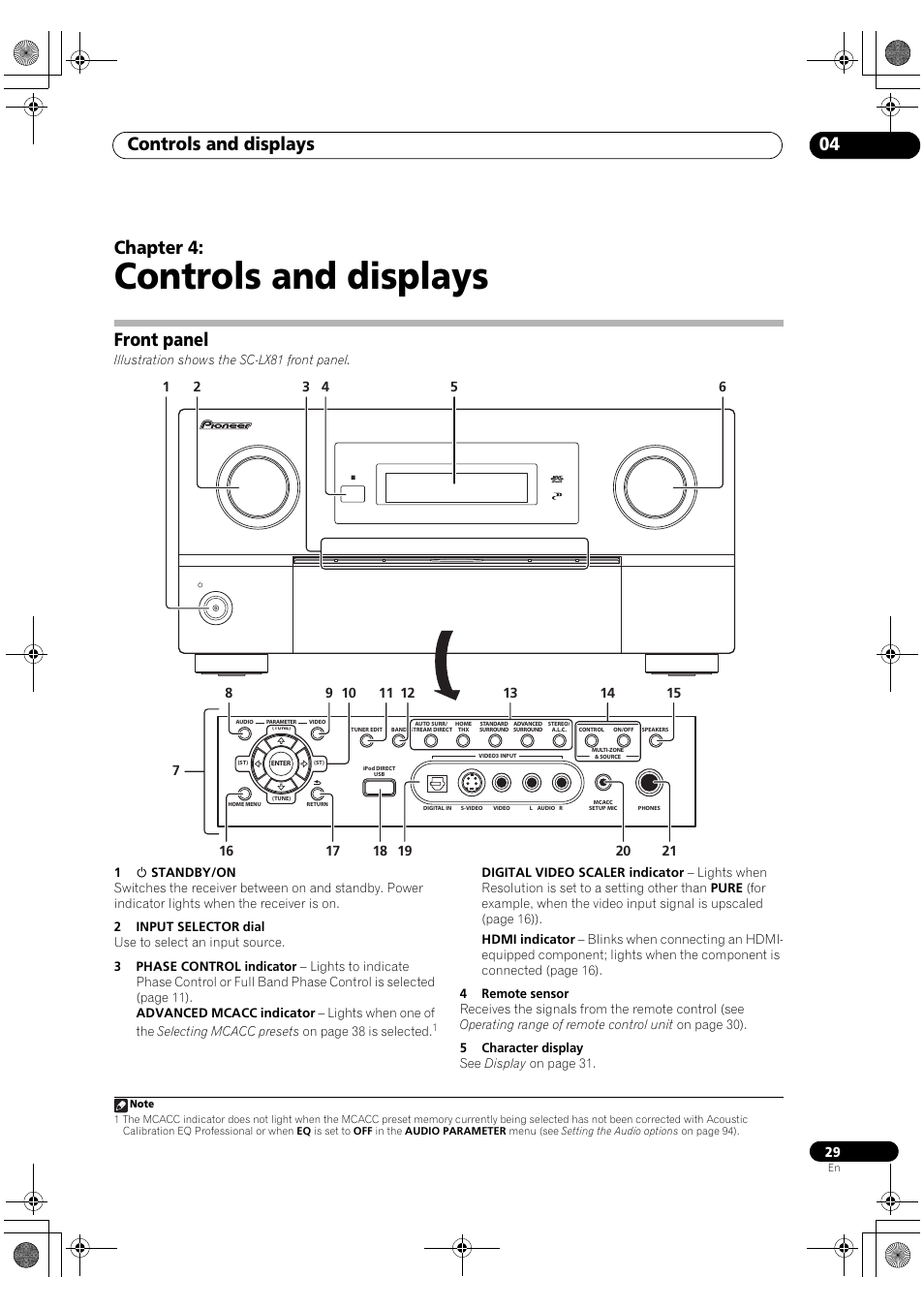 Front panel, Controls and displays, Controls and displays 04 | Chapter 4 | Pioneer SC-LX81 User Manual | Page 29 / 134