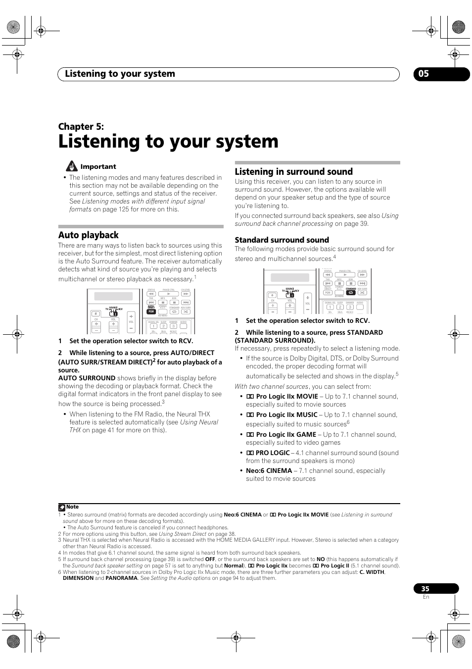 Auto playback listening in surround sound, Standard surround sound, Listening to your system | Listening to your system 05, Chapter 5, Auto playback, Listening in surround sound | Pioneer SC-LX81 User Manual | Page 35 / 134