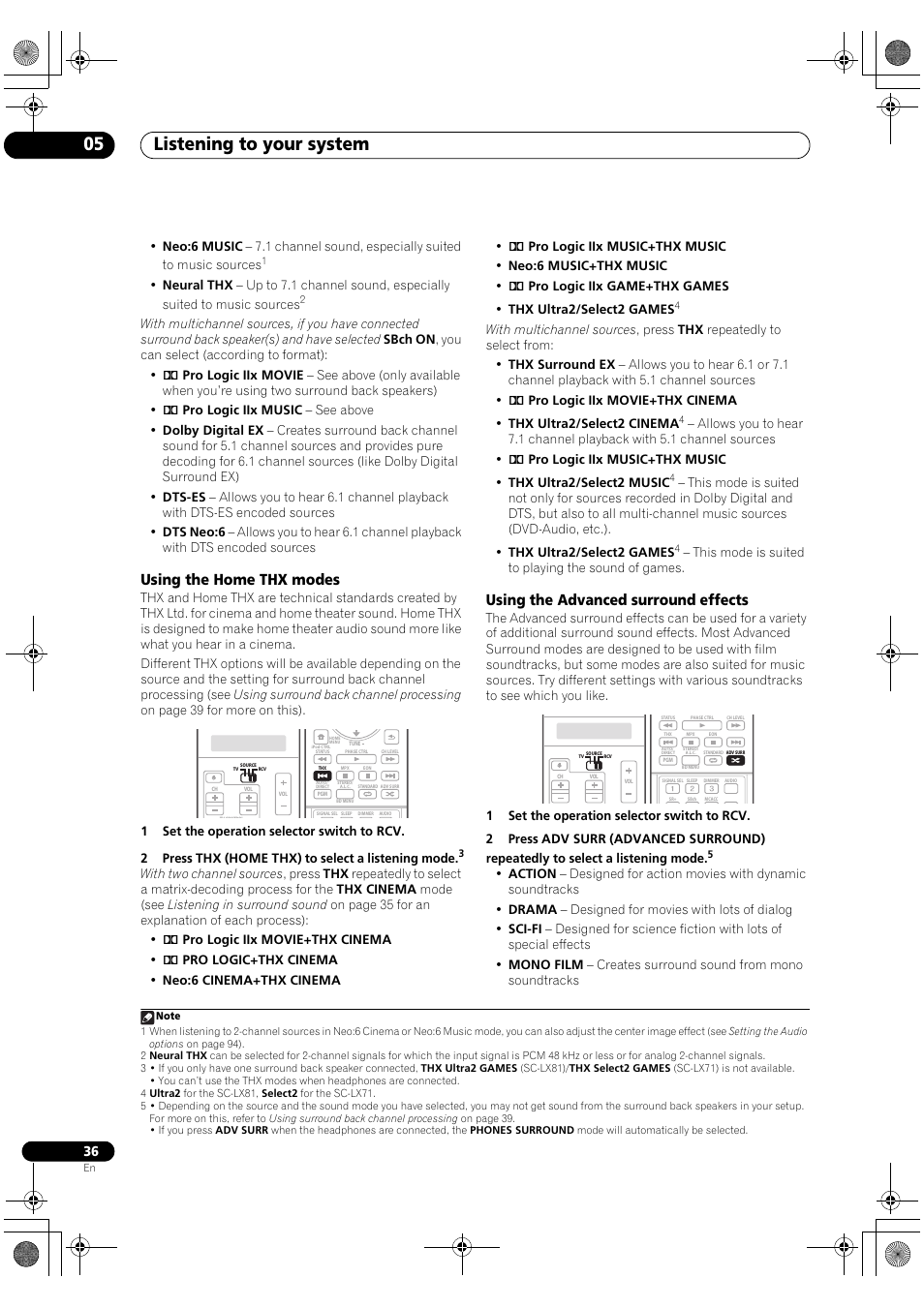 Listening to your system 05, Using the home thx modes, Using the advanced surround effects | Pioneer SC-LX81 User Manual | Page 36 / 134