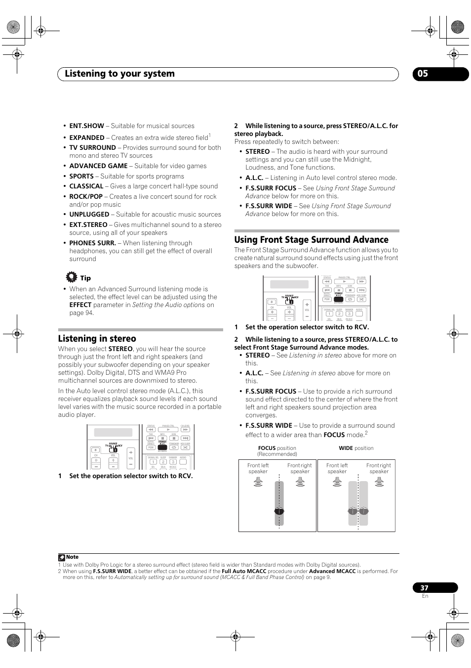 Listening to your system 05, Listening in stereo, Using front stage surround advance | Pioneer SC-LX81 User Manual | Page 37 / 134