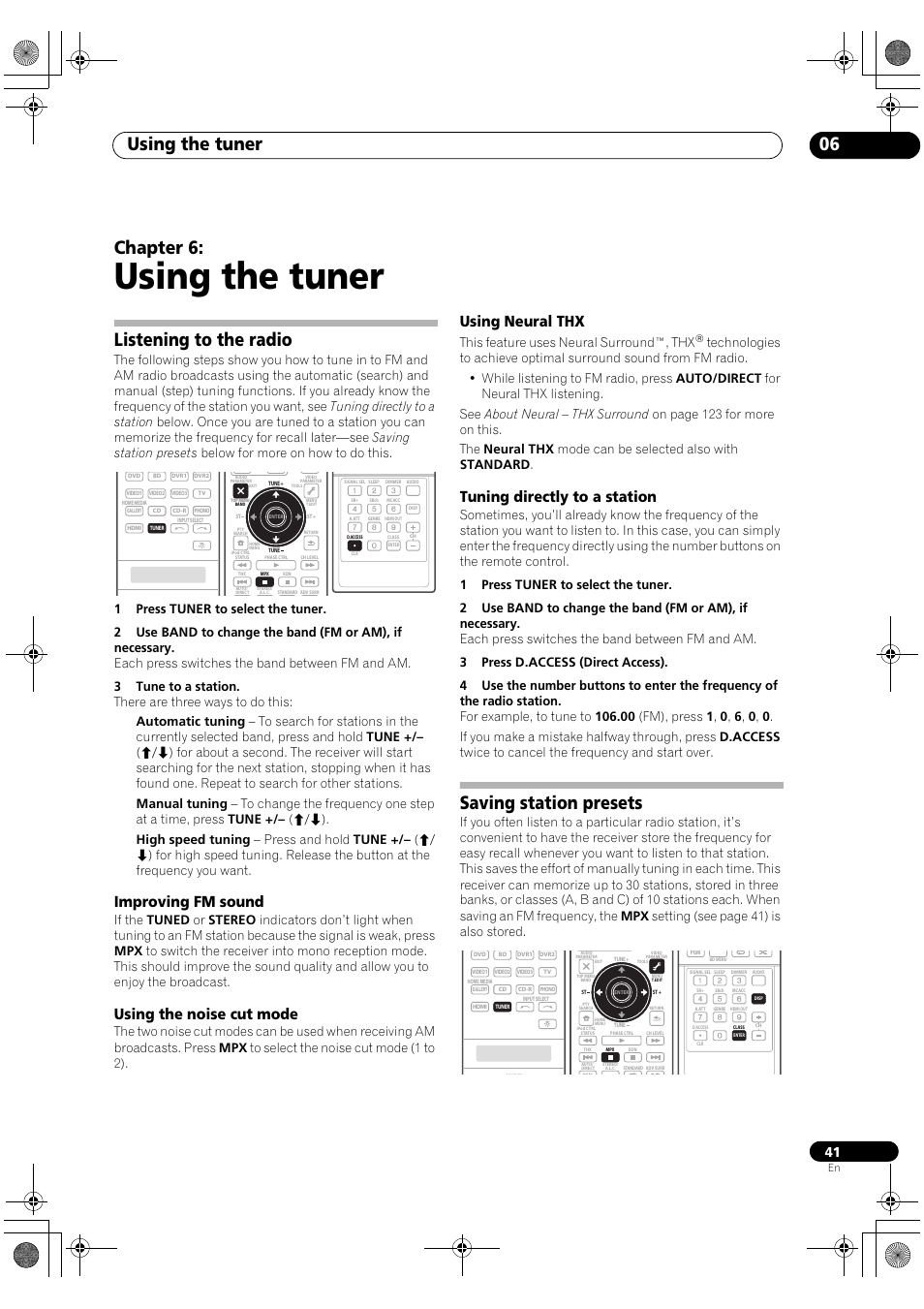 Listening to the radio, Saving station presets, Using the tuner | Using the tuner 06, Chapter 6, Improving fm sound, Using the noise cut mode, Using neural thx, Tuning directly to a station, This feature uses neural surround™, thx | Pioneer SC-LX81 User Manual | Page 41 / 134