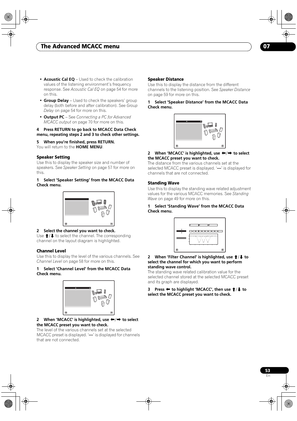 The advanced mcacc menu 07, Speaker setting, Channel level | Speaker distance, Standing wave | Pioneer SC-LX81 User Manual | Page 53 / 134