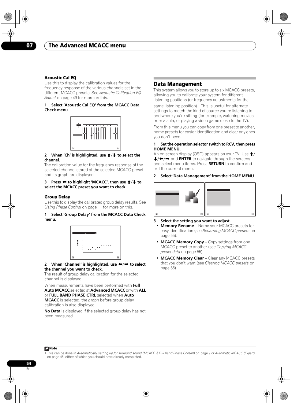 Data management, The advanced mcacc menu 07, Acoustic cal eq | Group delay | Pioneer SC-LX81 User Manual | Page 54 / 134