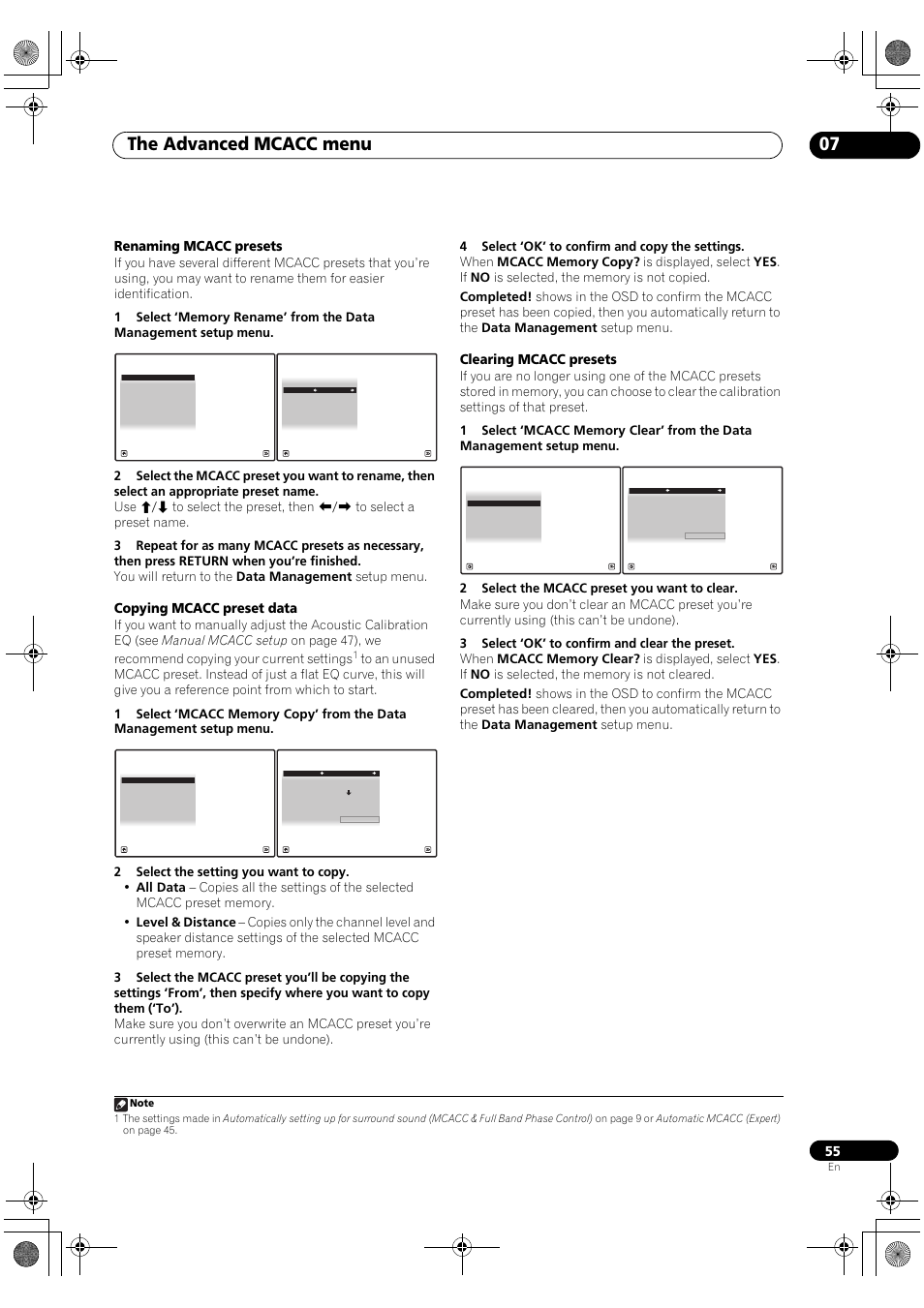 The advanced mcacc menu 07, Renaming mcacc presets, Copying mcacc preset data | Clearing mcacc presets | Pioneer SC-LX81 User Manual | Page 55 / 134