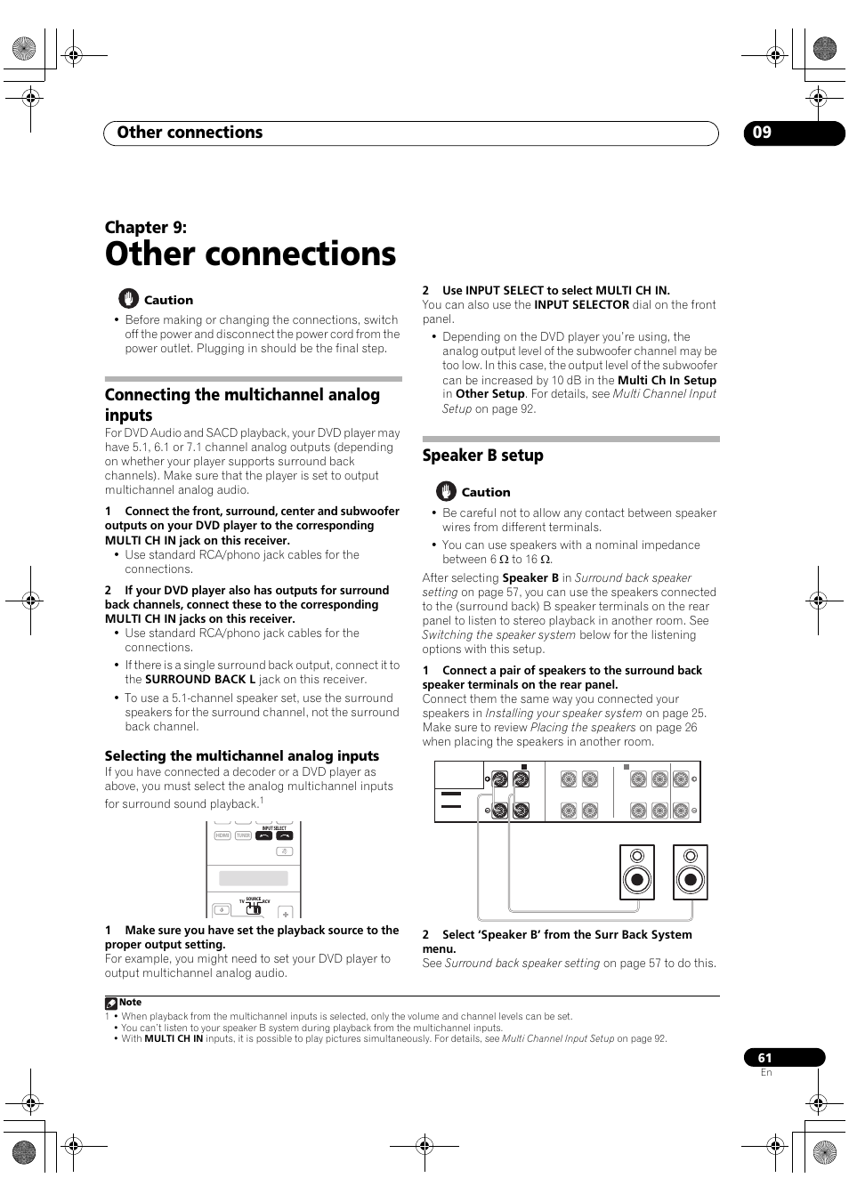 Connecting the multichannel analog inputs, Selecting the multichannel analog inputs, Speaker b setup | Other connections, Other connections 09, Chapter 9 | Pioneer SC-LX81 User Manual | Page 61 / 134