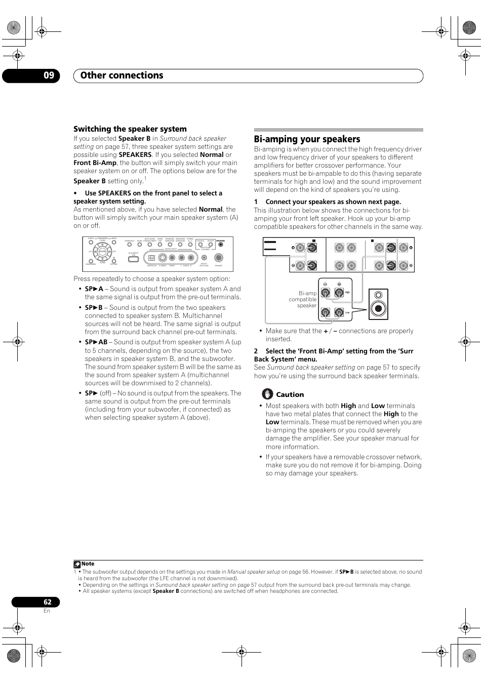 Switching the speaker system, Bi-amping your speakers, Other connections 09 | Pioneer SC-LX81 User Manual | Page 62 / 134