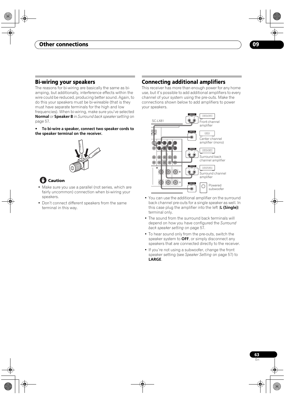 Other connections 09, Bi-wiring your speakers, Connecting additional amplifiers | Pioneer SC-LX81 User Manual | Page 63 / 134