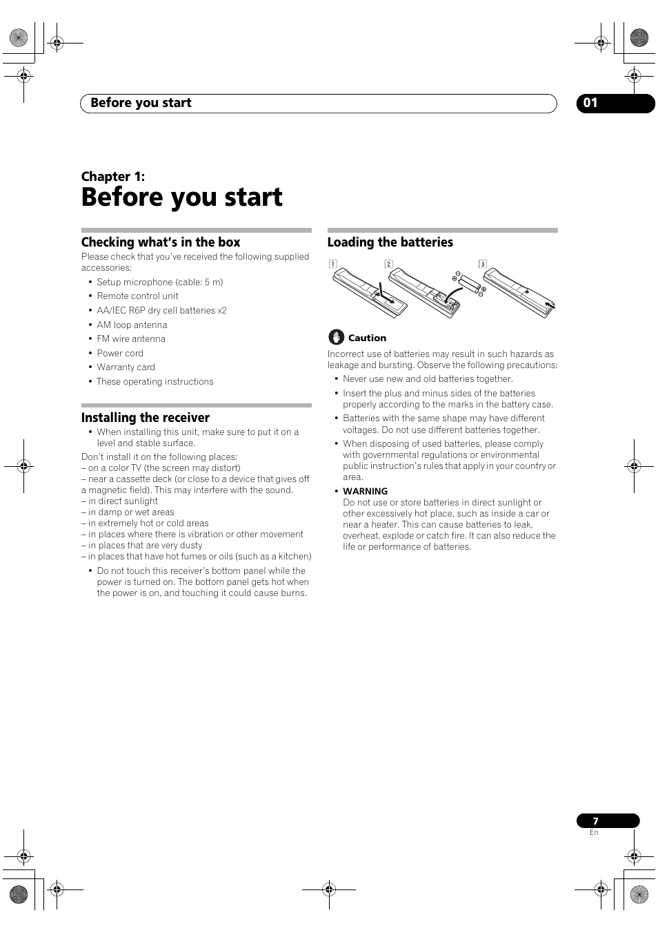 Before you start, Before you start 01, Chapter 1 | Checking what’s in the box, Installing the receiver, Loading the batteries | Pioneer SC-LX81 User Manual | Page 7 / 134