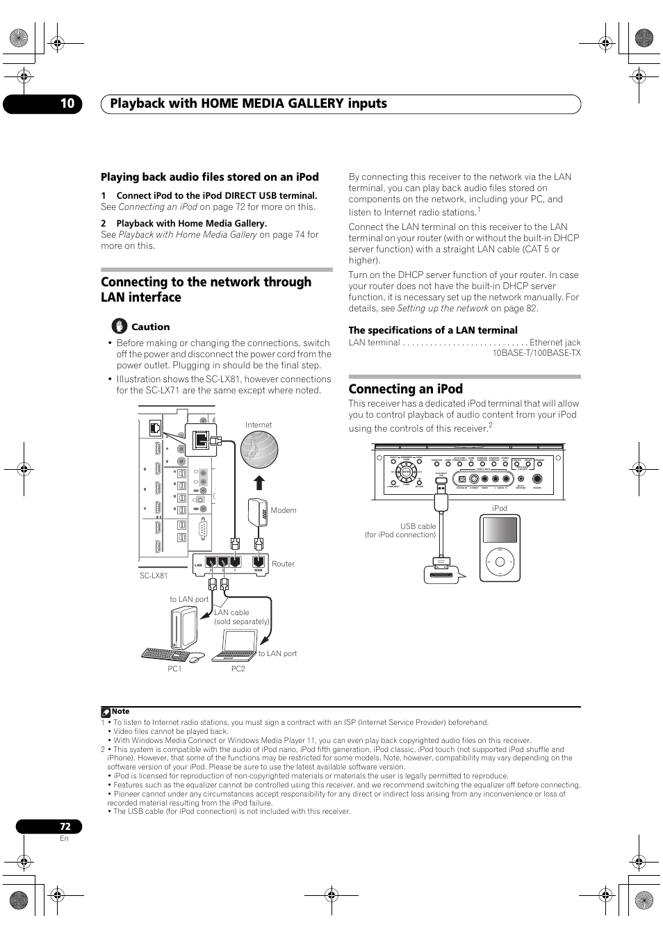 Playing back audio files stored on an ipod, Playback with home media gallery inputs 10, Connecting to the network through lan interface | Connecting an ipod, The specifications of a lan terminal | Pioneer SC-LX81 User Manual | Page 72 / 134