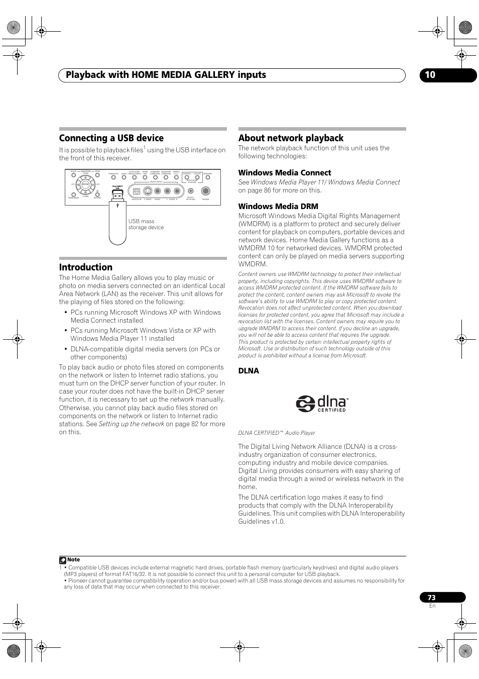 Windows media connect windows media drm dlna, Playback with home media gallery inputs 10, Connecting a usb device | Introduction, About network playback, Windows media connect, Windows media drm, Dlna, It is possible to playback files | Pioneer SC-LX81 User Manual | Page 73 / 134