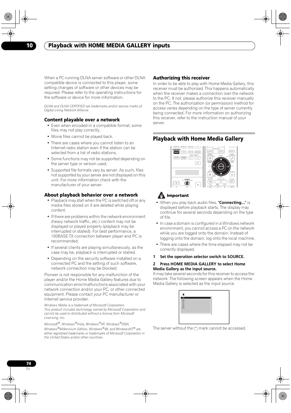 Playback with home media gallery, Playback with home media gallery inputs 10, Content playable over a network | About playback behavior over a network, Authorizing this receiver | Pioneer SC-LX81 User Manual | Page 74 / 134