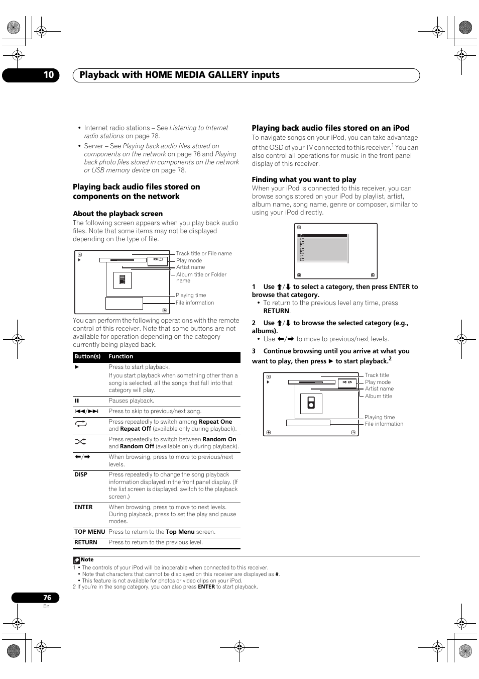 Playback with home media gallery inputs 10, Playing back audio files stored on an ipod, About the playback screen | Finding what you want to play | Pioneer SC-LX81 User Manual | Page 76 / 134