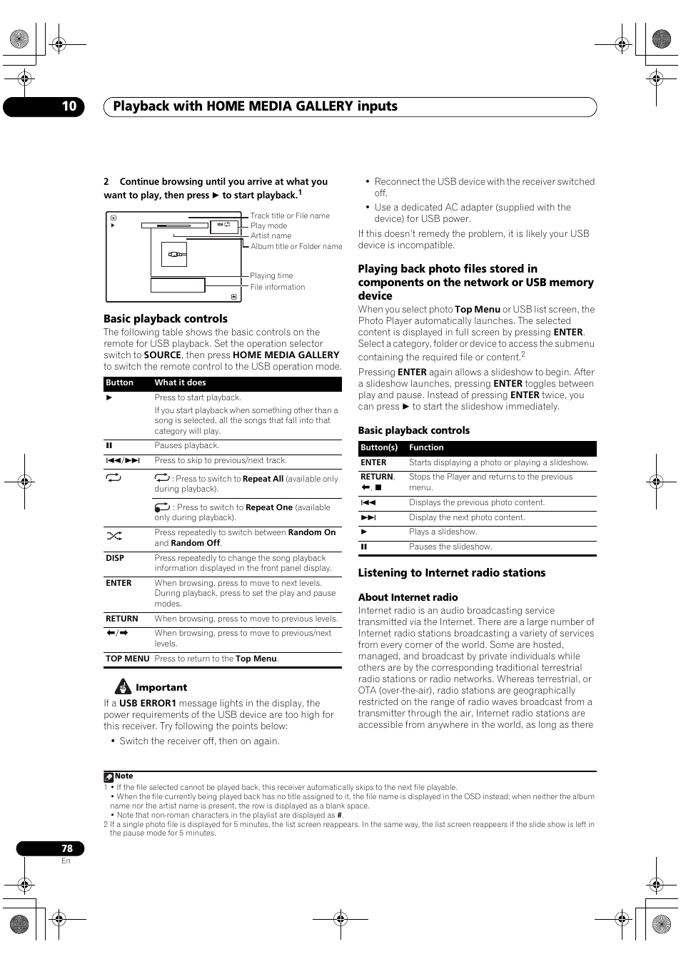 Playback with home media gallery inputs 10, Basic playback controls, Listening to internet radio stations | Pioneer SC-LX81 User Manual | Page 78 / 134