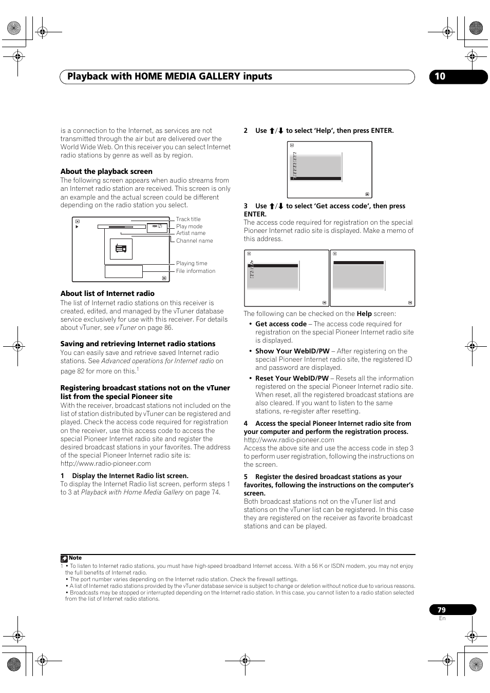 Playback with home media gallery inputs 10, About the playback screen, About list of internet radio | Saving and retrieving internet radio stations | Pioneer SC-LX81 User Manual | Page 79 / 134