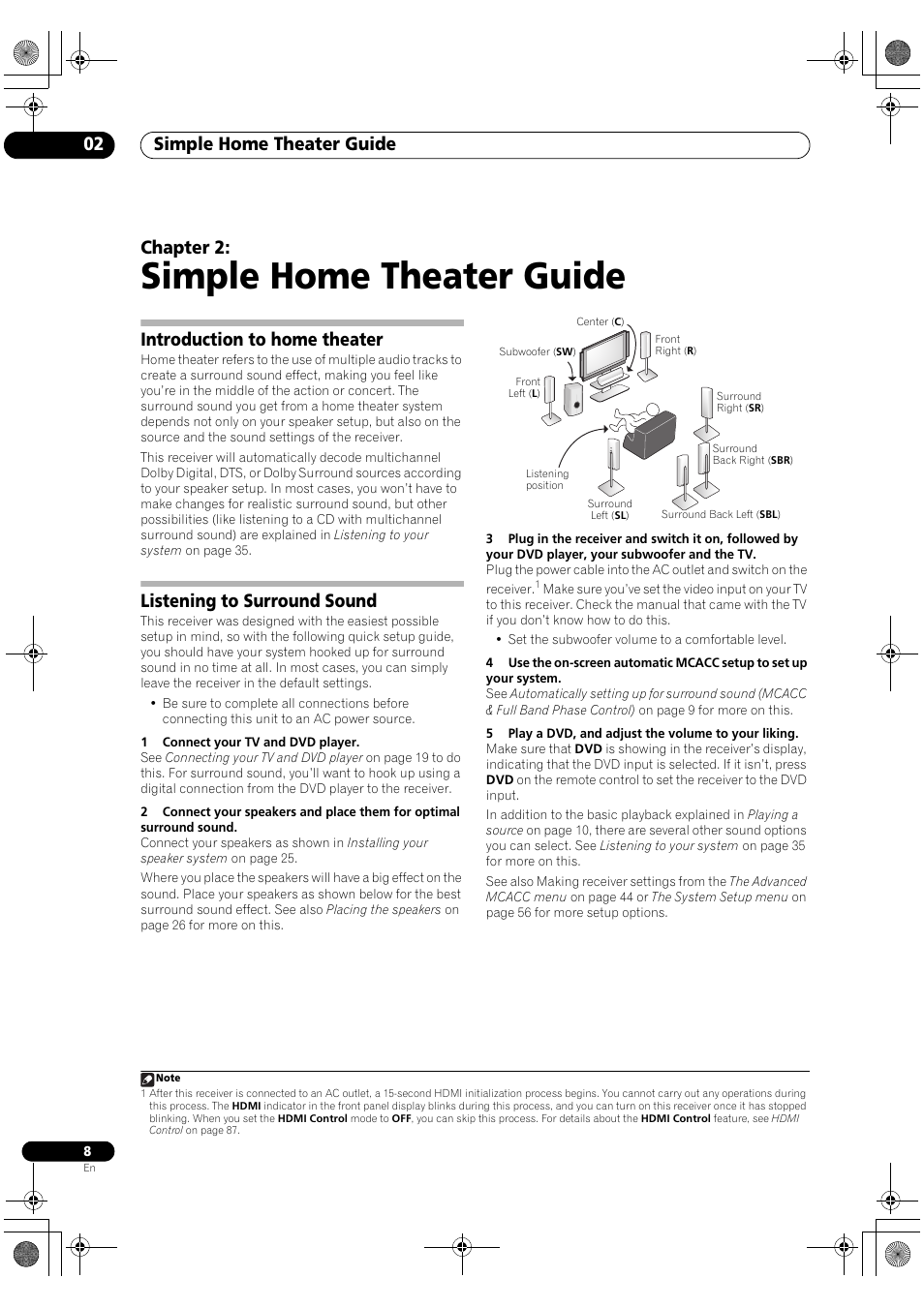 Simple home theater guide, Simple home theater guide 02, Chapter 2 | Introduction to home theater, Listening to surround sound | Pioneer SC-LX81 User Manual | Page 8 / 134