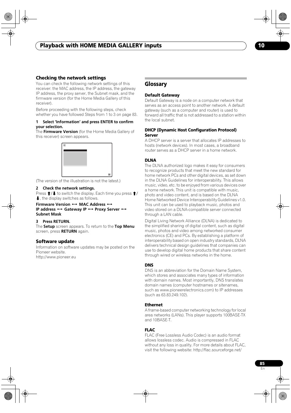 Checking the network settings software update, Glossary, Playback with home media gallery inputs 10 | Pioneer SC-LX81 User Manual | Page 85 / 134