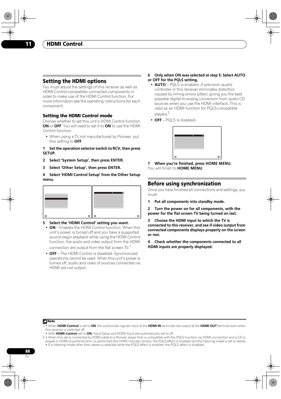 Setting the hdmi options, Setting the hdmi control mode, Before using synchronization | Hdmi control 11 | Pioneer SC-LX81 User Manual | Page 88 / 134