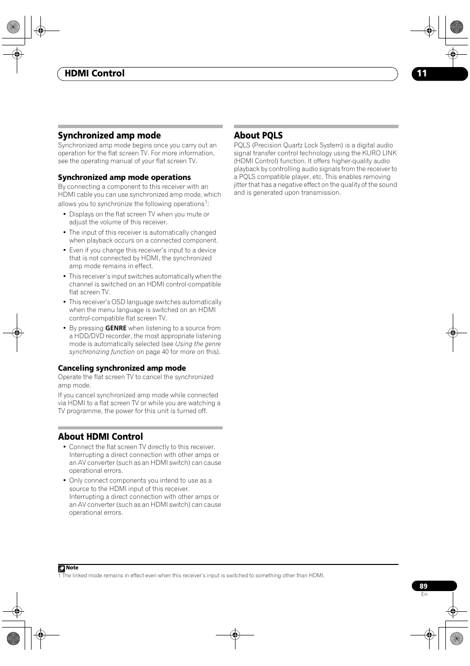 Synchronized amp mode, About hdmi control about pqls, Hdmi control 11 | About hdmi control, About pqls | Pioneer SC-LX81 User Manual | Page 89 / 134