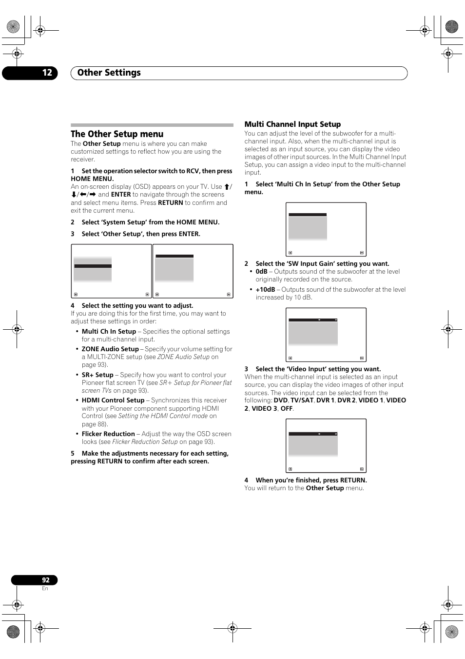 The other setup menu, Multi channel input setup, Other settings 12 | Pioneer SC-LX81 User Manual | Page 92 / 134