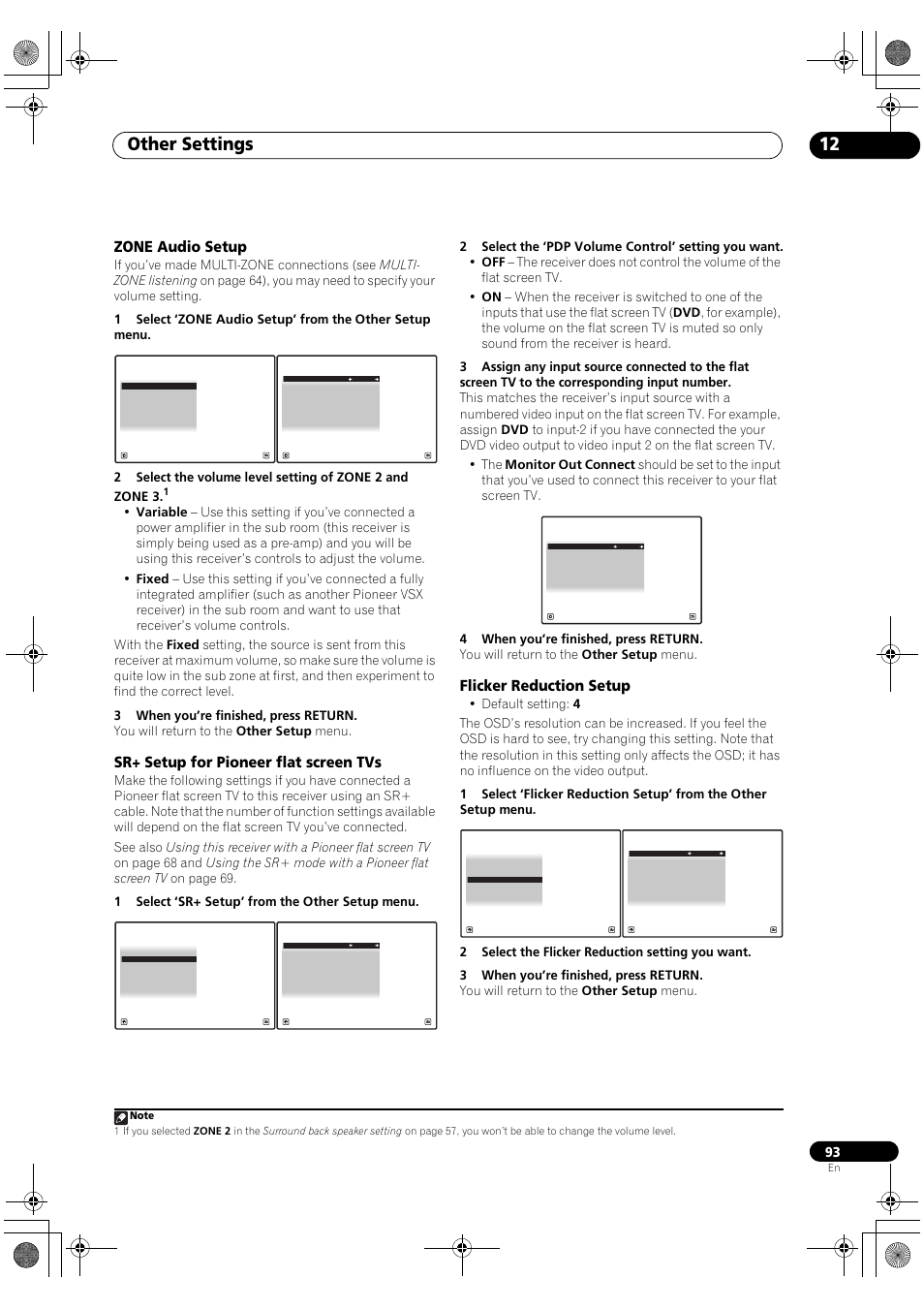 Other settings 12, Zone audio setup, Sr+ setup for pioneer flat screen tvs | Flicker reduction setup | Pioneer SC-LX81 User Manual | Page 93 / 134