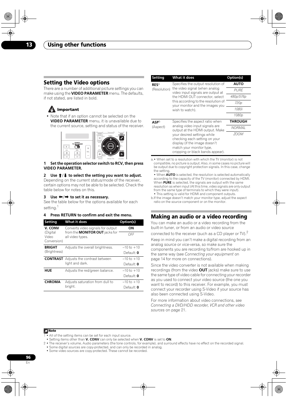 Using other functions 13, Setting the video options, Making an audio or a video recording | Pioneer SC-LX81 User Manual | Page 96 / 134