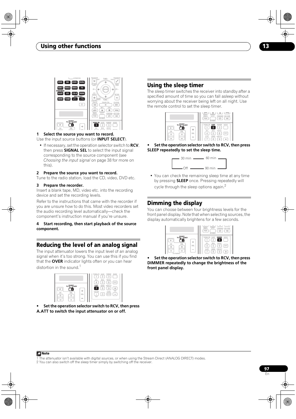 Using other functions 13, Reducing the level of an analog signal, Using the sleep timer | Dimming the display | Pioneer SC-LX81 User Manual | Page 97 / 134