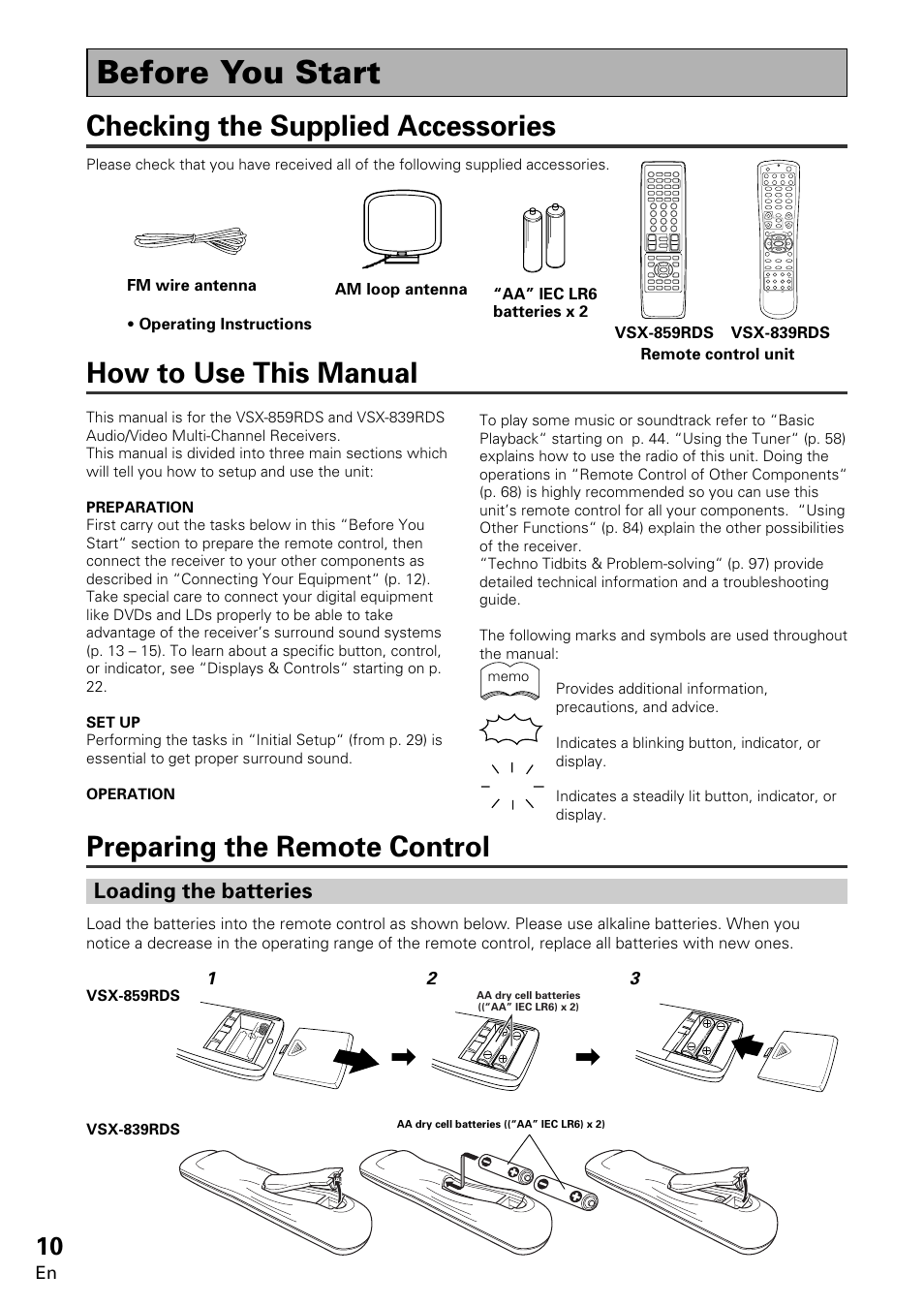 Before you start, Checking the supplied accessories, Loading the batteries | Pioneer VSX-859RDS-G User Manual | Page 10 / 116