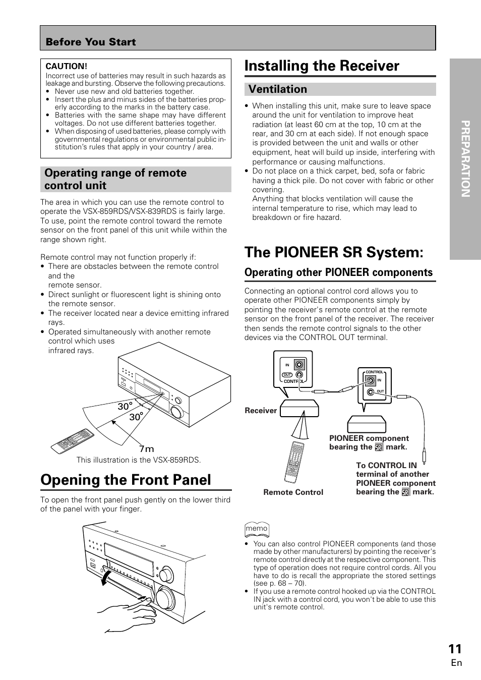 Installing the receiver, Opening the front panel, The pioneer sr system | Ventilation, Operating other pioneer components, Before you start | Pioneer VSX-859RDS-G User Manual | Page 11 / 116