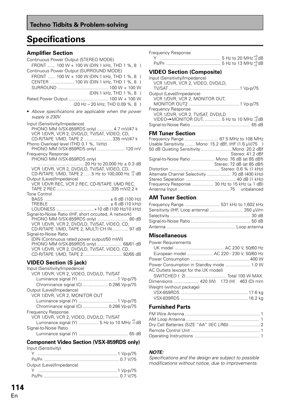 Specifications, Techno tidbits & problem-solving, Miscellaneous | Furnished parts | Pioneer VSX-859RDS-G User Manual | Page 114 / 116