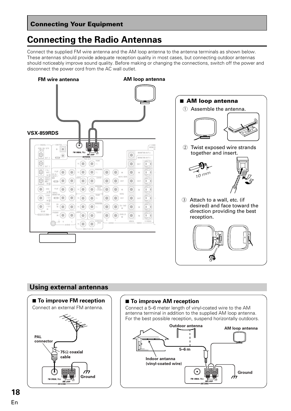 Connecting the radio antennas, Using external antennas | Pioneer VSX-859RDS-G User Manual | Page 18 / 116
