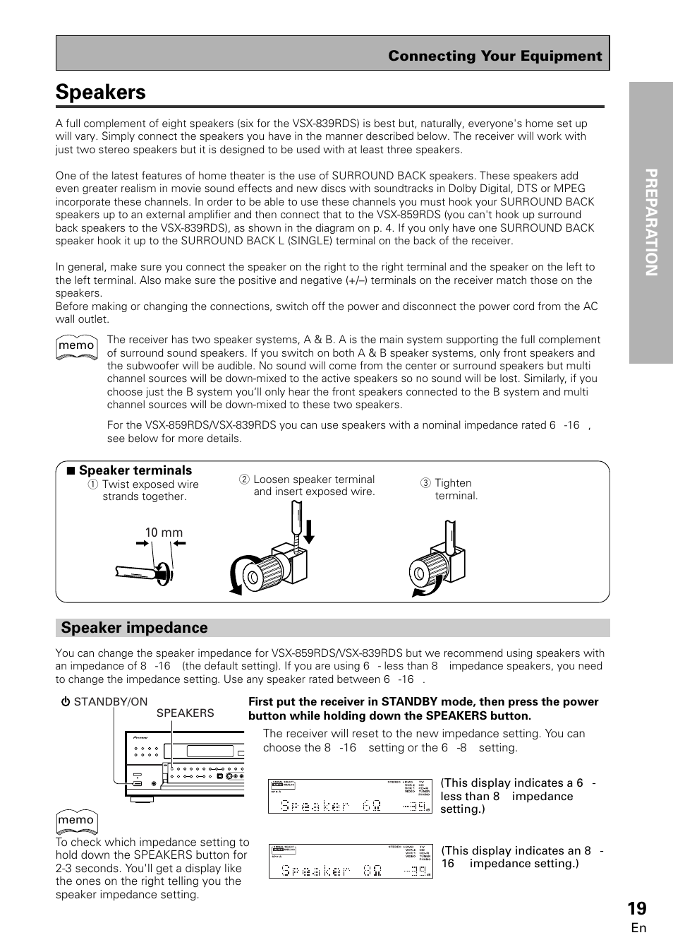 Speakers, Opera tion prep ara tion, Speaker impedance | Connecting your equipment | Pioneer VSX-859RDS-G User Manual | Page 19 / 116